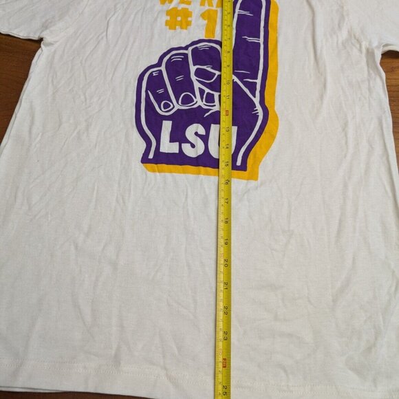 LSU TIGERS We're #1 Shirt Mens Medium White Purple Ringer Finger Retro Style - Picture 9 of 16